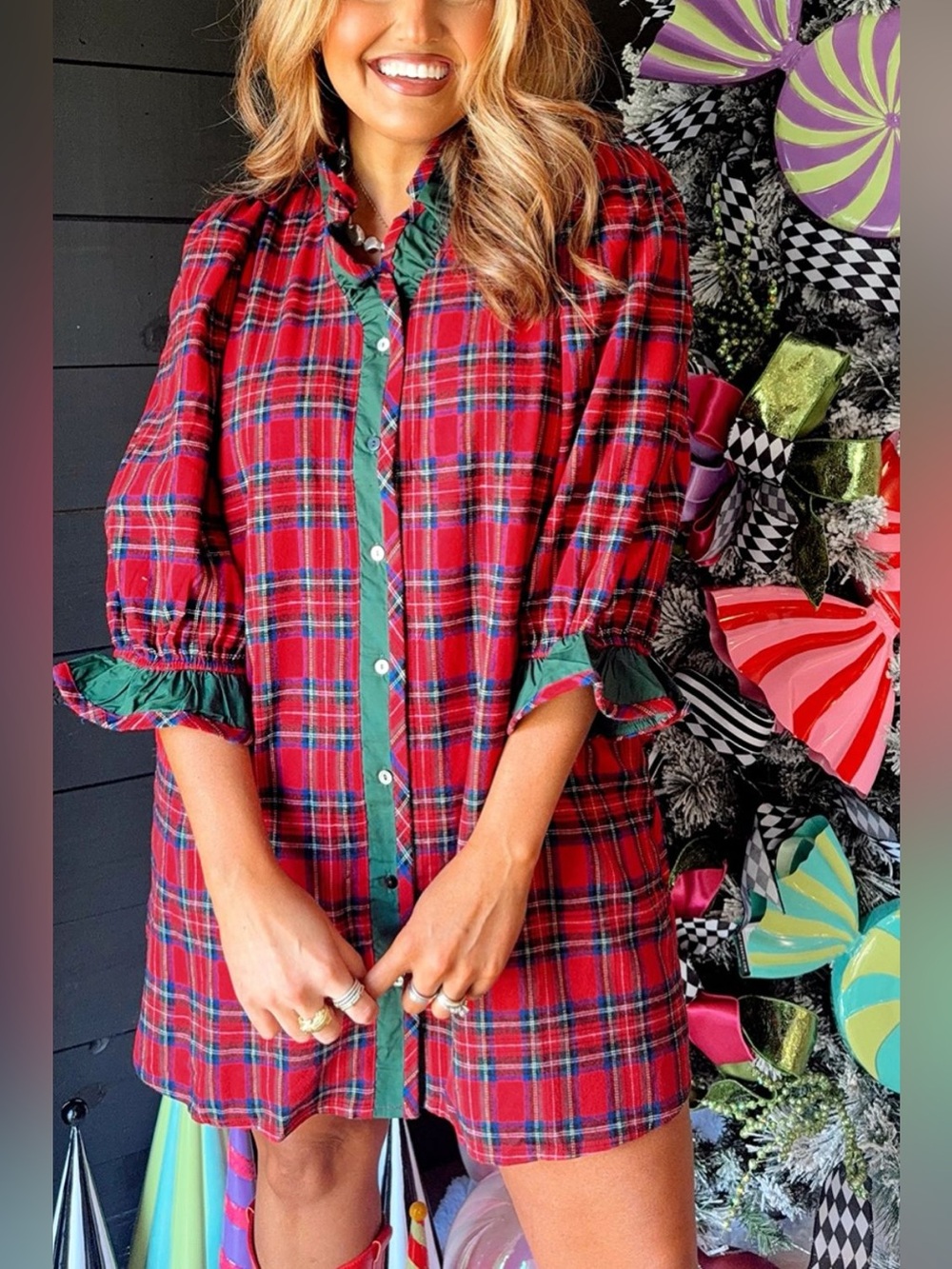 Plaid Ruffle Cuff Button Front Pocket Mini Dress
